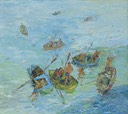 339 'Swimming boys and boats' 50 x 56,5 cm Floris van der Merwe SA